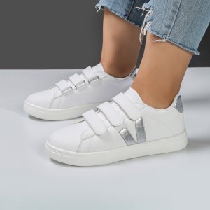 کفش و کتانی اسپرت راحتی زنانه و دخترانه مدل چسبی رنگ سفید نقره ای کد M2472